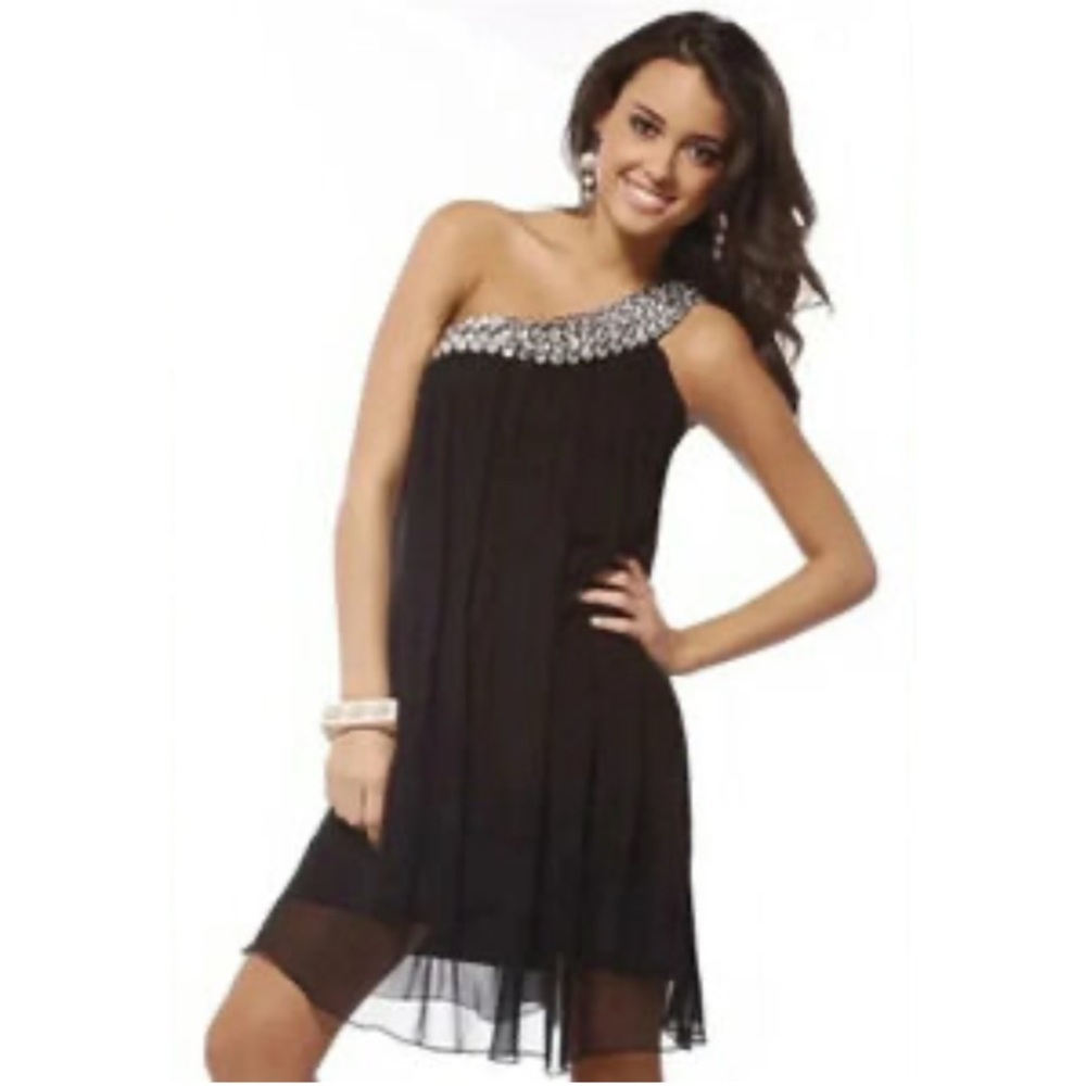 Scala One Shoulder Embellished Silk Babydoll Dress